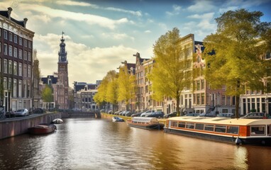 Fototapeta na wymiar Channel in Amsterdam Netherlands houses river Amstel landmark, Generative AI.