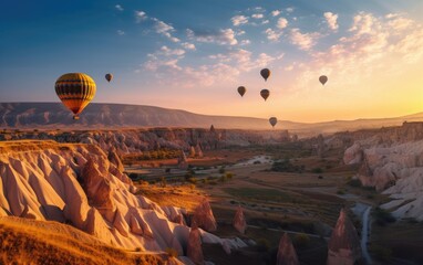 Hot air balloons and Red valley at sunset in Goreme, Cappadocia in Turkey, Generative AI.