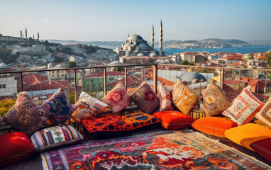 Obraz premium Great panoramic view of Istanbul from high terrace decorated traditional colorful ornamental pillows, Generative AI.