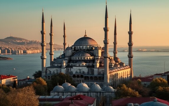Drone view Blue mosque in Istanbul in sunset, Generative AI.