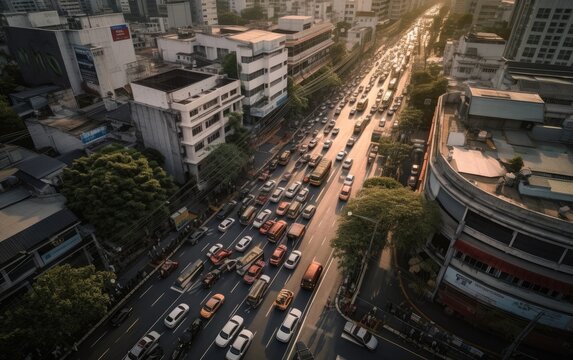 Drone view ratchada road, Bangkok, thailand, Generative AI.