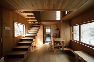 Fototapeta na wymiar a room with a wooden floor and a staircase leading up to the second floor of a house with wood paneling and a wooden table and bench. generative ai