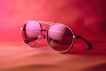 Fototapeta na wymiar a pair of sunglasses sitting on top of a red surface with a red background behind it and a red background behind it that has a pink hue. generative ai