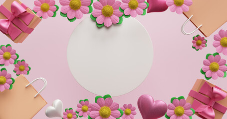 Mother's Day poster. Frame from hearts of flowers gifts. 3d rendering