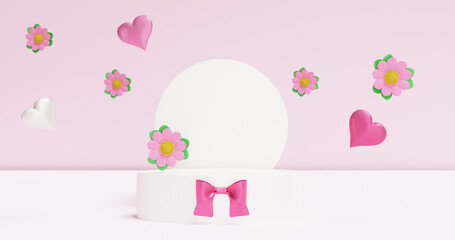 Podium pedestal with hearts and pink flowers. Stage for product demonstration, showcase. 3d rendering