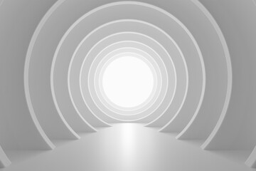 Round tunnel with light at the end. Abstract circles. 3d rendering