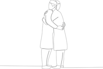 Two Muslims hugging each other in ramadan. Silaturahim one-line drawing