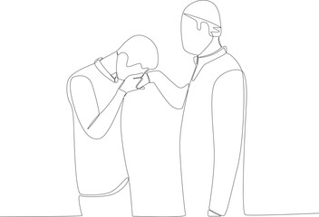 A boy kisses his father's hand. Silaturahim one-line drawing