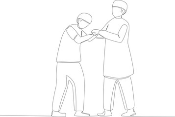 Obraz premium Two brothers shaking hands. Silaturahim one-line drawing