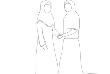 Two female friends shaking hands. Silaturahim one-line drawing