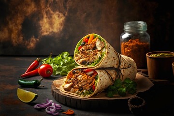 Arabic kebab shawarma with vegetables and chicken on table in restaurant, created with generative ai