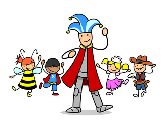 Kinder und Erzieher feiern Party zu Karneval mit Kostümen