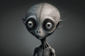 Fototapeta na wymiar Little sad alien. Cute grey alien. Moody, fantasy, aliens invasion.