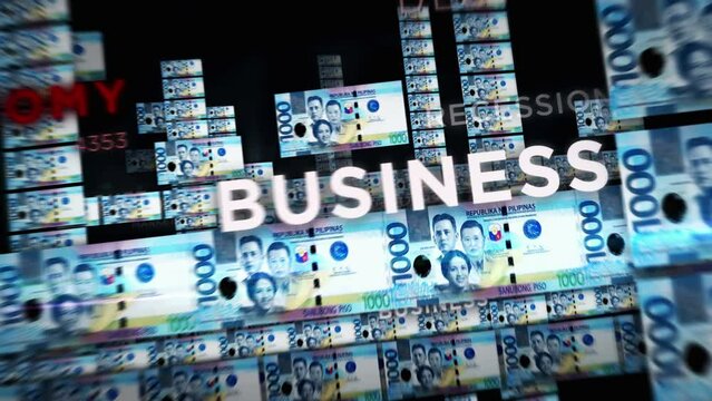 Philippines Peso money loop 3d animation. Camera flying between PHP banknotes. Finance, economy, crisis, business success, recession, debt and tax seamless looped concept.