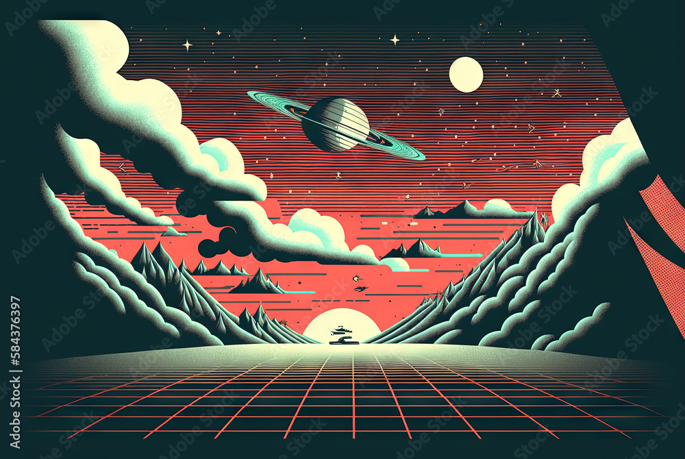 Poster retro styled sci-fi landscape with mountains. retro futuristic science fiction illustration in drawi