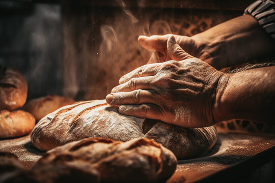 A baker baking traditional, healthy bread in a large oven. Healthy real bread produced using the traditional method. Generative ai