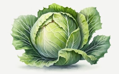 A drawn cabbage on white background watercolor vegetable organic food illustrations Generative AI