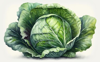 Fototapeta premium A drawn cabbage on white background watercolor vegetable organic food illustrations Generative AI