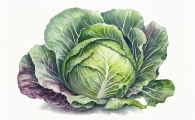 Fototapeta premium A drawn cabbage on white background watercolor vegetable organic food illustrations Generative AI