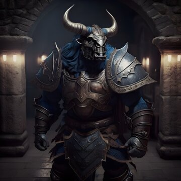 A minotaur wearing combat armor in a labyrinthine dungeon. Generative Ai illustration 