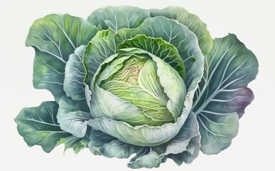 Obraz premium A drawn cabbage on white background watercolor vegetable organic food illustrations Generative AI
