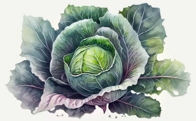 A drawn cabbage on white background watercolor vegetable organic food illustrations Generative AI