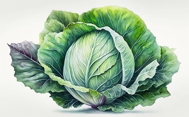 Obraz premium A drawn cabbage on white background watercolor vegetable organic food illustrations Generative AI