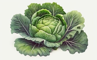 A drawn cabbage on white background watercolor vegetable organic food illustrations Generative AI