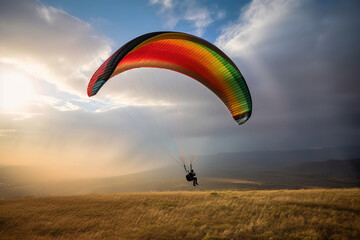 Persona volando en un parapente con cometa de muchos colores, con paisaje de montaña de fondo. IA generative