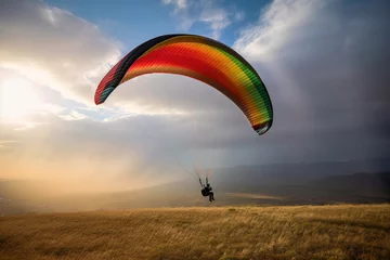 Tuinposter Persona volando en un parapente con cometa de muchos colores, con paisaje de montaña de fondo. IA generative © ramoncin1978