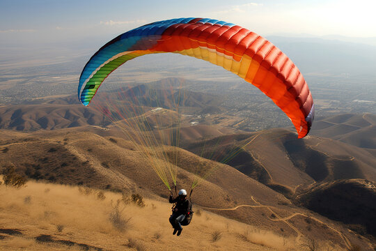 Persona volando en un parapente con cometa de muchos colores, con paisaje de monta&ntilde;a de fondo. IA generative