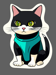 Black and white cat in a blue T-shirt, sticker. Vector graphics.