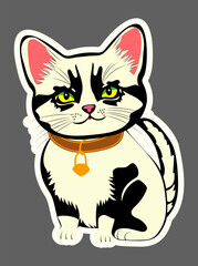 Black and white cat with a collar, sticker. Vector graphics.