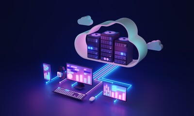 Cloud computing and database upload center hosting 3D illustration concept. Technology for information file sharing and download. Network connection to hardware rack of servers. Digital cyberspace.