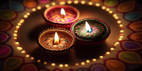 Obraz na płótnie Canvas Vibrant Festive Decorations with Colorful Candles for Indian Diwali Celebrations