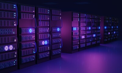 Data center facility with servers for information storage 3D illustration concept. Hosting uploaded databases with modern technology. Rack hardware with hard drives, processors and powerful tech.
