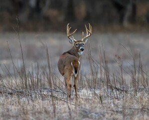 Back view of a brown-furred Columbian white-tailed deer standing in a field in winter