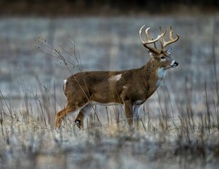 Selective focus of a brown-furred Columbian white-tailed deer standing in a field in winter