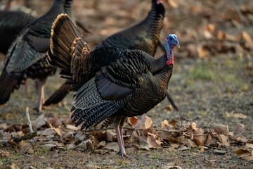 Group of turkeys on a dry grass