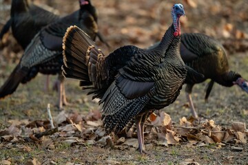 Group of turkeys on a dry grass