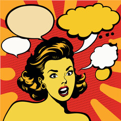 Lady announces and promotes. Pop art retro vector illustration comic cartoon kitsch vintage drawing