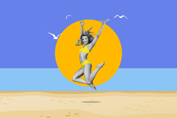 young girl enthusiastically jumps up on beach, vacation vector look concept.