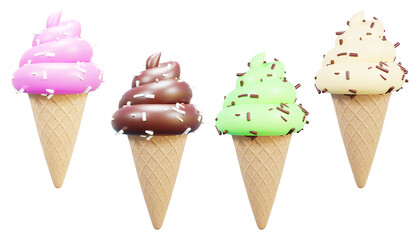 3d render colorful ice cream cone with transparent background