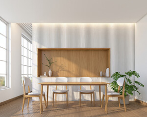 Modern japan dining room with wood shelf and slats wall. 3d rendering