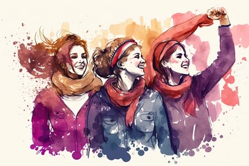 Obraz na płótnie Canvas Colorful group of women of different ethnicities stand side by side together. Watercolor illlustration. Generative AI