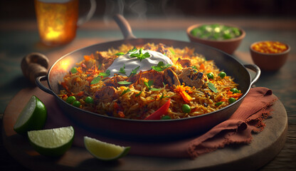 Savor the aroma and flavor of India with Biryani: A delicious dish served steamy against a dark background