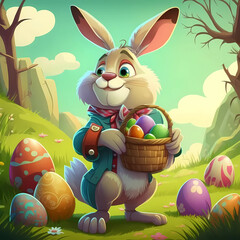 A cute elegant rabbit in a frock coat holds a basket with multi-colored Easter eggs. Bright cartoon Easter illustration. AI generated