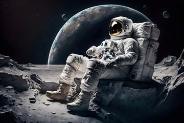 An astronaut sits on the moon in space 