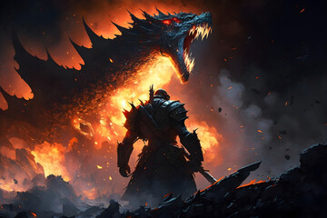 Fire breathes explode from a giant dragon in a black night, the epic battle evil concept ar