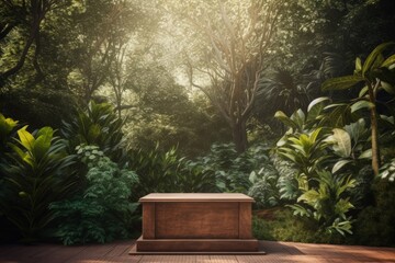 Obraz na płótnie Canvas Empty Wooden Podium with Natural Green Leaves Backdrop 3D Rendered in High Resolution for Product Showcase in Luxurious Setting